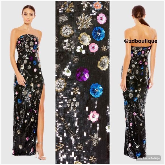 MAC DUGGAL 93695 Womens Black Floral Sequined Strapless Column Gown - Picture 1 of 13